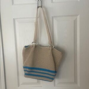 Crochet Tote Bag boho chic - Beige and blue great condition- adorable!!